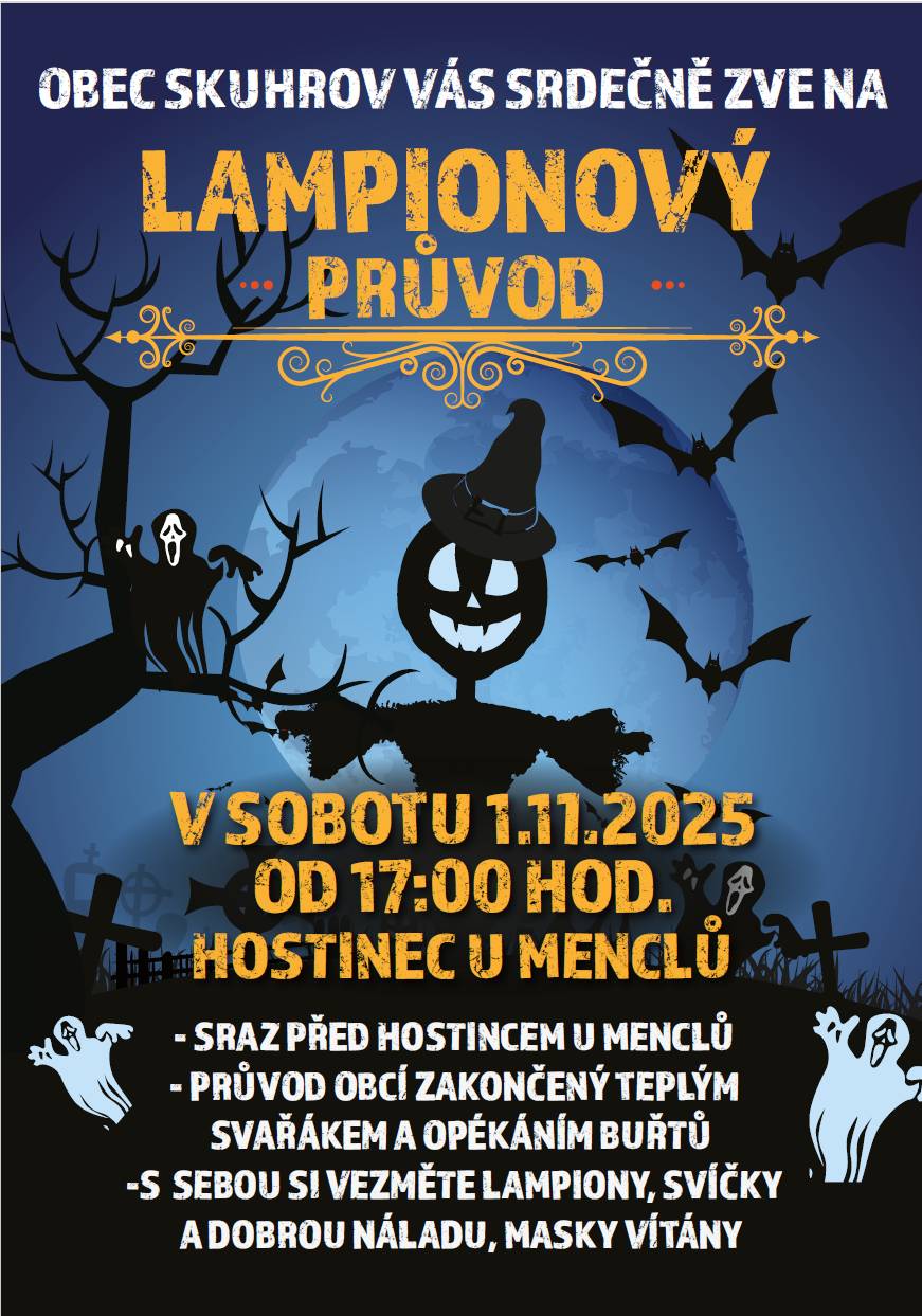 Vážení spoluobčané, srdečně vás zveme na 4. ročník lampionového průvodu, který se uskuteční v sobotu 1.listopadu 2025 od 17:00. Nezapomeňte si přinést lampiony, lucerničky a dobrou náladu! Budeme se těšit.