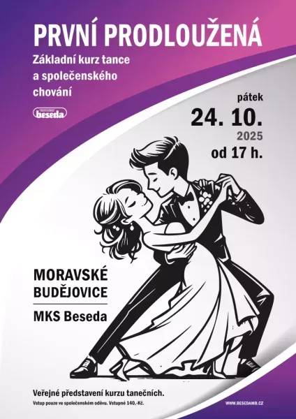 Zveme všechny příznivce tance na První prodlouženou základního kurzu tance a společenského chování. Akce se uskuteční v pátek 24. října 2025 od 17 hodin v prostorách MKS Beseda. Návštěvníci se mohou těšit na veřejné vystoupení mladých tanečníků, kteří během kurzu pilně nacvičovali standardní i latinskoamerické tance. Večer nabídne nejen krásnou podívanou, ale i společenskou atmosféru a eleganci, která k Prodloužené neodmyslitelně patří. Vstup na akci je možný pouze ve společenském oděvu.
