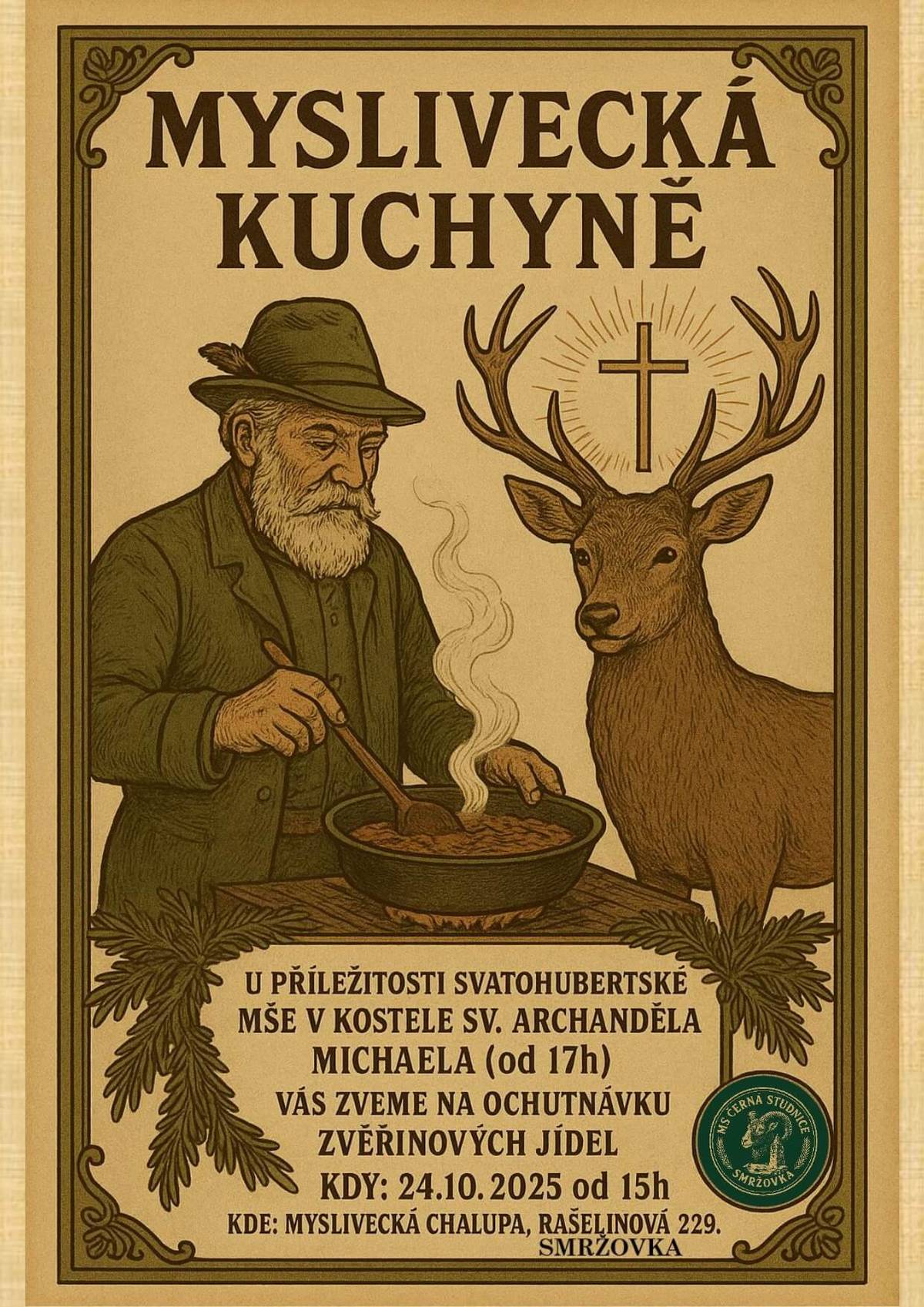 Myslivecký spolek zve na Svatohubertskou mši v pátek 24. října od 17 hodin v kostele sv. Archanděla Michaela. V myslivecké chalupě (č. p. 229, Rašelinová ulice) bude od 15 hodin (do vyprodání zásob) připravena zvěřinová kuchyně.