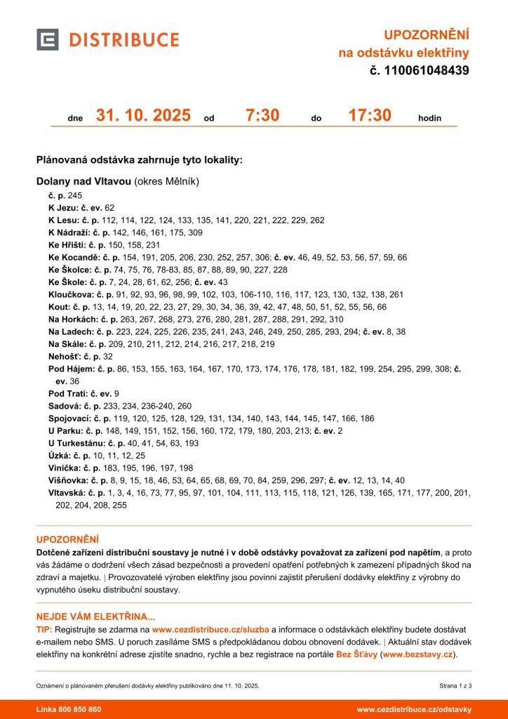 UPOZORNĚNÍ na odstávku elektřiny č. 110061048339  dne 15. 10. 2025 od 7:30 do 13:30 hodin - k.ú. Dolany u Prahy