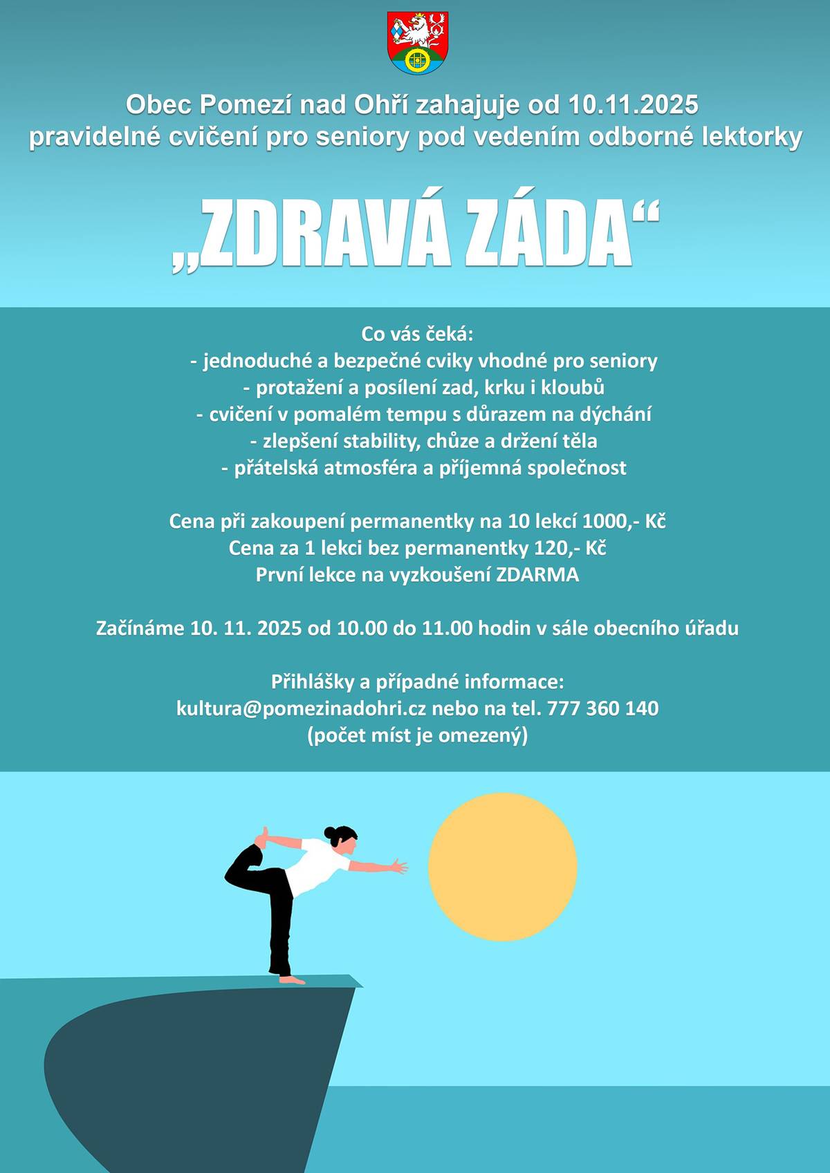 Obec Pomezí nad Ohří zahajuje 10.11. 2025 zdravotní cvičení pro seniory a seniorky.
