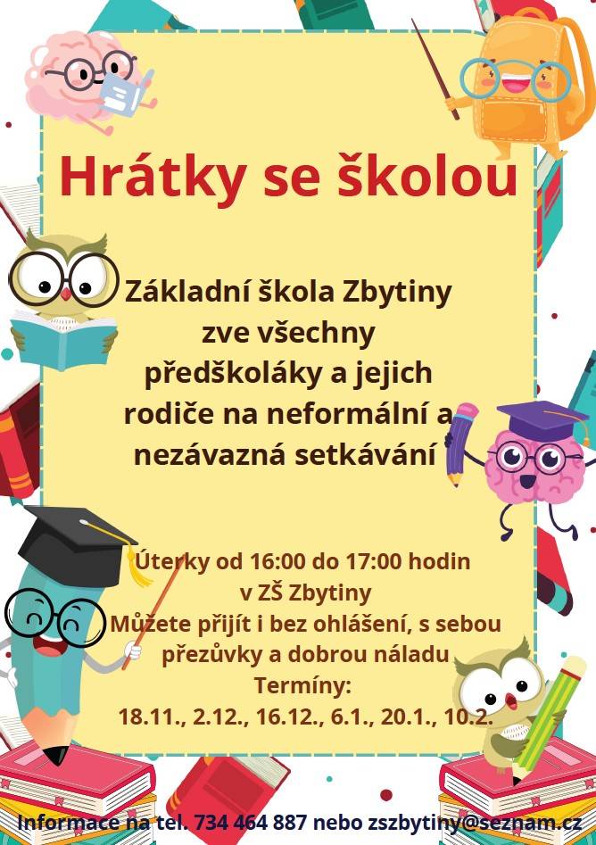 Základní škola Zbytiny zve všechny předškoláky a jejich  rodiče na neformální a nezávazná setkávání