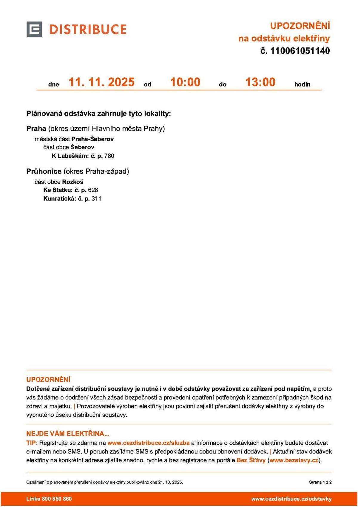 Oznámení o přerušení dodávky elektrické energie dne 11.11.2025