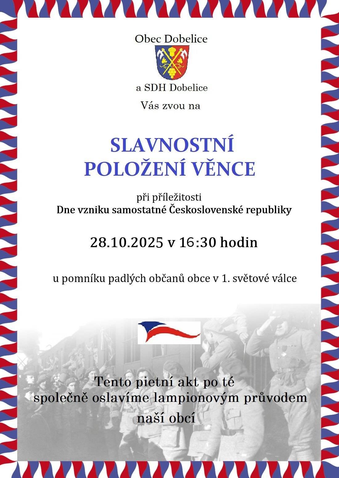 Pozvánka na Slavnostní položení věnce při příležitosti výročí vzniku samostatného československého státu.