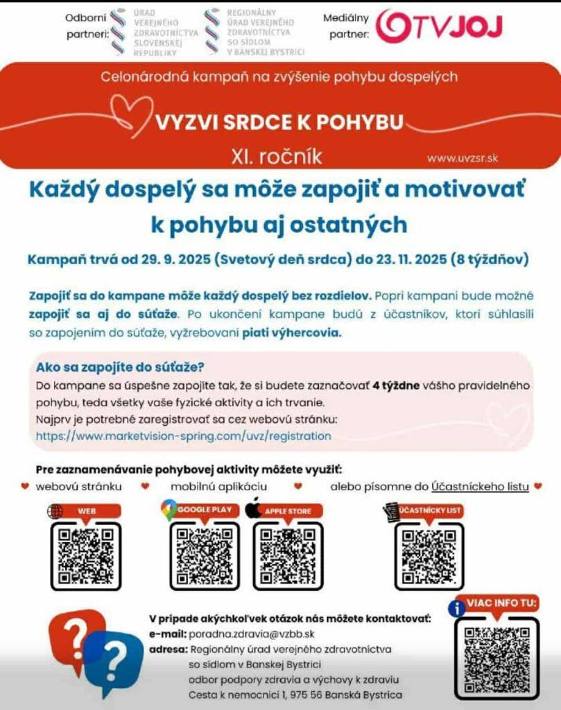 Máš rád pohyb a rád motivuješ ? Zapoj sa aj ty do celonárodnej kampane na zvýšenie pohybu dospelých s názvom VYZVI SRDCE K POHYBU❤️!  Čo pre to spraviť?????  1. Zaregistruj sa!  2. Zapoj sa!  3. Vyhraj!  Registruj sa tu????  https://www.marketvision-spring.com/uvz/registration  Pre viac informácií k