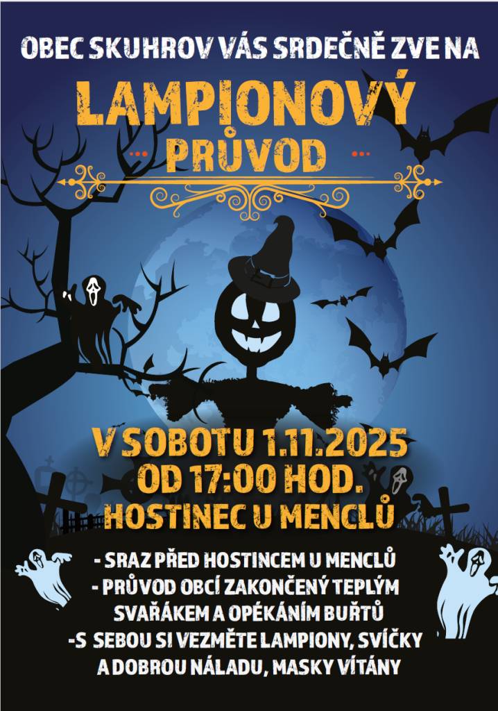 Vážení spoluobčané,  srdečně vás zveme na 4. ročník lampionového průvodu, který se uskuteční v sobotu 1.listopadu 2025 od 17:00.  Nezapomeňte si přinést lampiony, lucerničky a dobrou náladu!  Budeme se těšit.