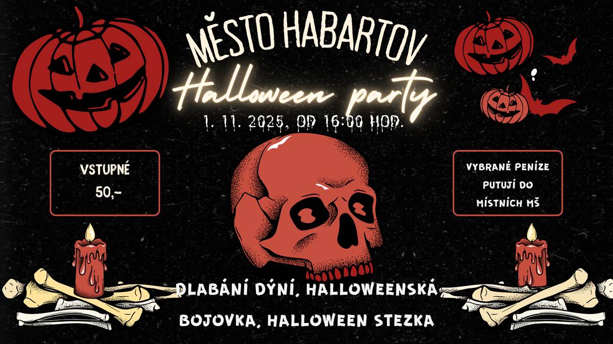 Zveme vás na halloweenskou party v sobotu 1.11.2025 od 16h v areálu TJ Baník Habartov. PŘIJĎTE SE POBAVIT 😉