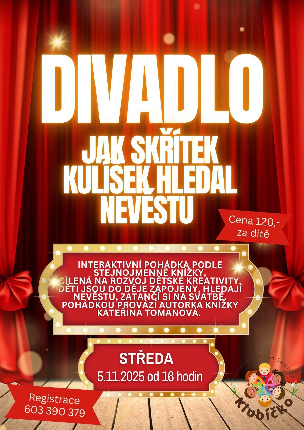 🌟 Jak skřítek Kulíšek hledal nevěstu 🌟 Interaktivní divadelní představení podle stejnojmenné knížky! Přijďte se s dětmi ponořit do kouzelného světa skřítka Kulíška, který se vydává na dobrodružnou cestu za svou nevěstou! 💍 Společně si zahrajeme, zazpíváme, zatančíme na svatbě 💃 a hlavně – děti se stanou součástí příběhu! ✨ Představením provází sama autorka knížky Kateřina Tomanová 🕒 Délka: cca 40 minut 👶 Vhodné pro děti od 3 do 7 let 🎨 Rozvíjí dětskou představivost, kreativitu a fantazii 📅 Ve středu 5. 11. od 16:00 📍 V Rodinném centru Nechte své děti zažít pohádku na vlastní kůži.  Těšíme se na vás i vaše malé dobrodruhy! 🧚♀️