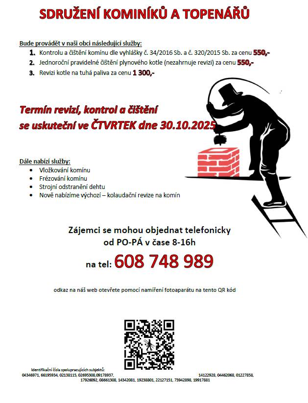 Ve čtvrtek 30. 10. 2025 - budou provádět v naší obci revize kotlů a čištění komínů.