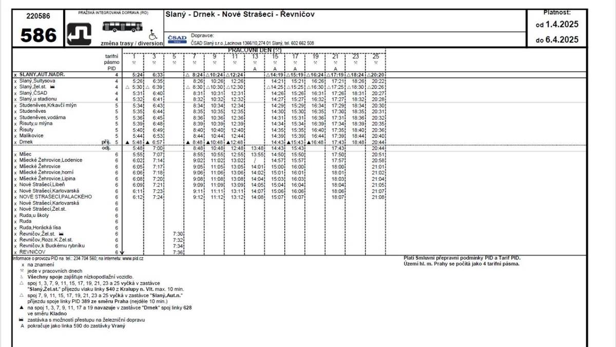 Změna jízdního řádu 586 1.- 6.4.2025