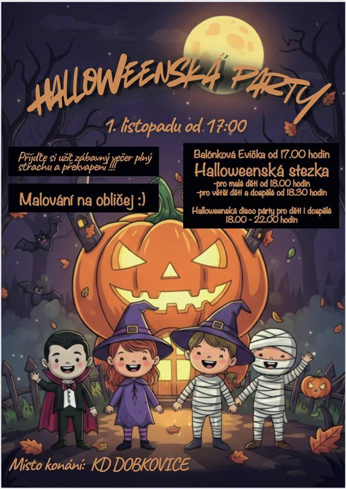 Halloween se blíží a my vás zveme 1. listopadu 2025. Připravujeme různé akce a soutěže pro všechny, kteří se chtějí zapojit a užít si atmosféru Halloweenu.
