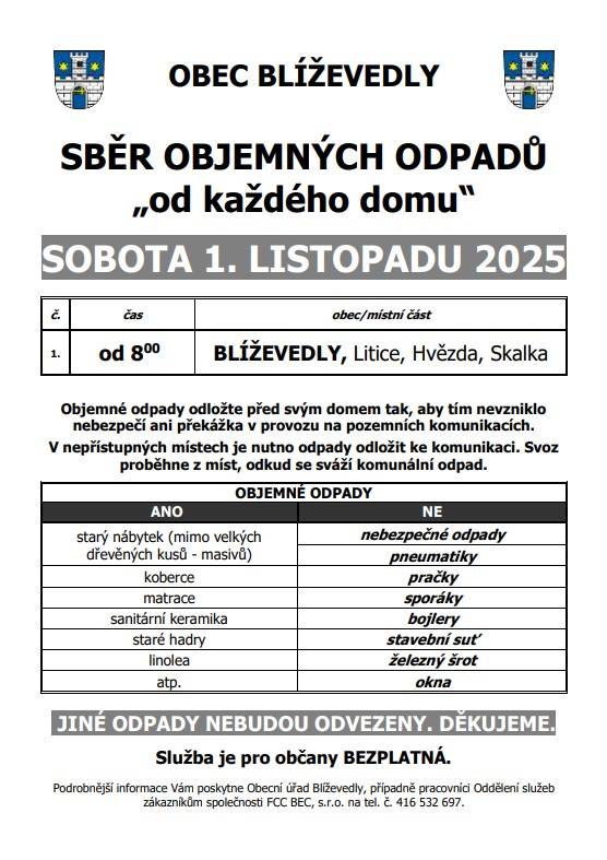 Dne 1.11.2025 proběhne sběr objemných odpadů "od každého domu"