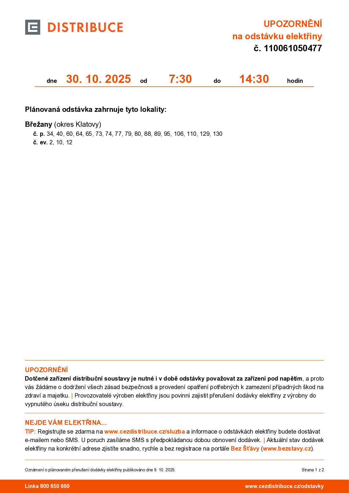 30.10.2025 od 7.30 do 14.30 hodin dojde k odstávce elektřiny ve spodní části obce.