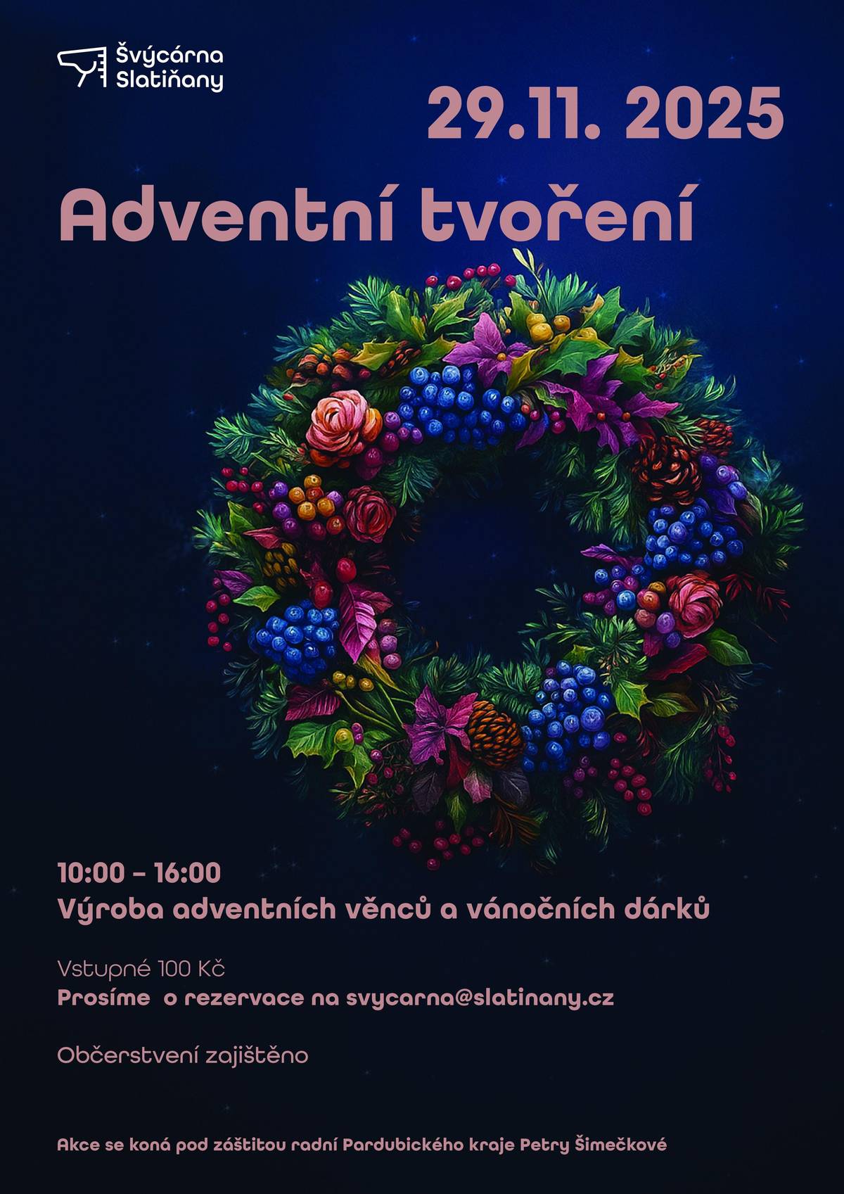 Přijďte si užít pohodovou sobotu plnou vůně jehličí, svíček a vánoční atmosféry! 🗓 29. listopadu 2025 🕙 10:00–16:00 📍 Švýcárna Slatiňany Společně si vyrobíme adventní věnce a vánoční dárky, které rozzáří váš domov i potěší vaše blízké. ✨ Občerstvení bude zajištěno. 🎟 Vstupné: 100 Kč 📧 Rezervace: prosíme na svycarna@slatinany.cz Akce se koná pod záštitou radní Pardubického kraje Petry Šimečkové.