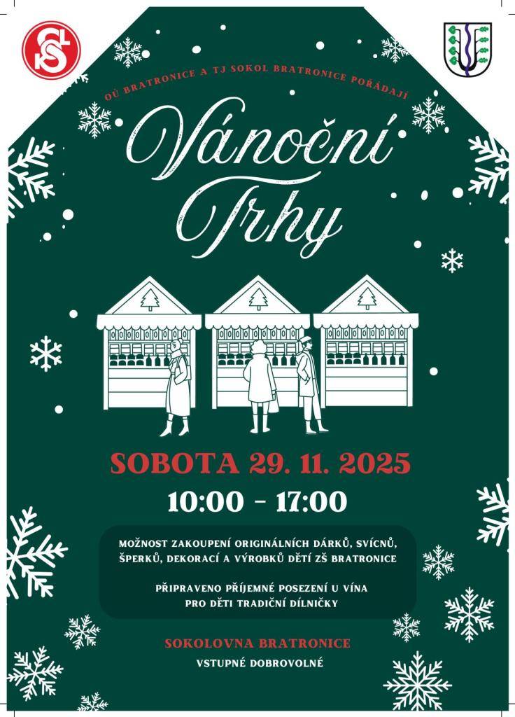 Na jarmarku v sokolovně Bratronice, který se koná 29. listopadu 2025 od 10:00 do 17:00, si můžete zakoupit originální dárky, šperky a výrobky dětí ze základní školy. Kromě nákupů bude připraveno příjemné posezení u vína a tradiční dílničky pro mladé návštěvníky. Vstupné je dobrovolné, což vítá všech