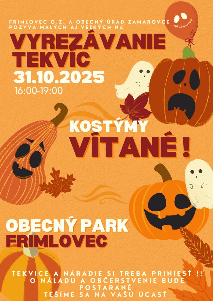 Frimlovec o.z. a Obec Zamarovce pozývajú "veľkých" aj "malých" na vyrezávanie tekvičiek.