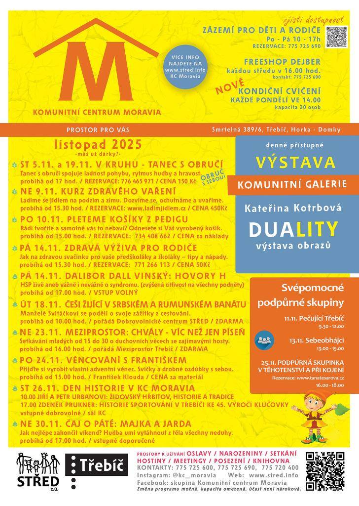 Komunitní centrum Moravia nabízí zázemí pro rodiče a mladé lidi, které je přístupné každý pracovní den od 10 do 17 hodin. Pro rezervaci můžete kontaktovat číslo 775 725 690. Každou středu se od 16 hodin koná Freeshop, který umožňuje výměnu věcí a další aktivity. V pondělí v 14 hodin se uskuteční ko