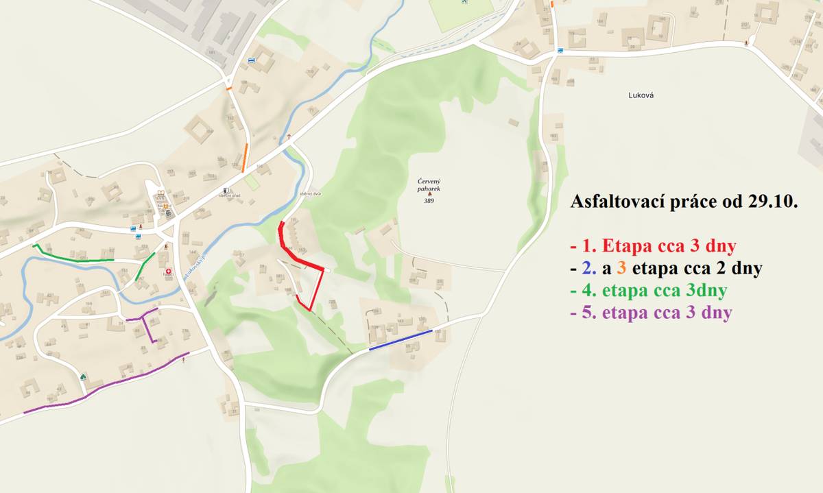 Společnost GAkom-spol s.r.o. informuje, že asfaltovací práce po výkopech v místních komunikacích, pro položení optického kabelu, budu zahájeny ve středu 29.10.2025. Na některých komunikacích bude částečně nutné omezit provoz. Jednotlivé etapy asfaltování jsou uvedeny v situaci v příloze.