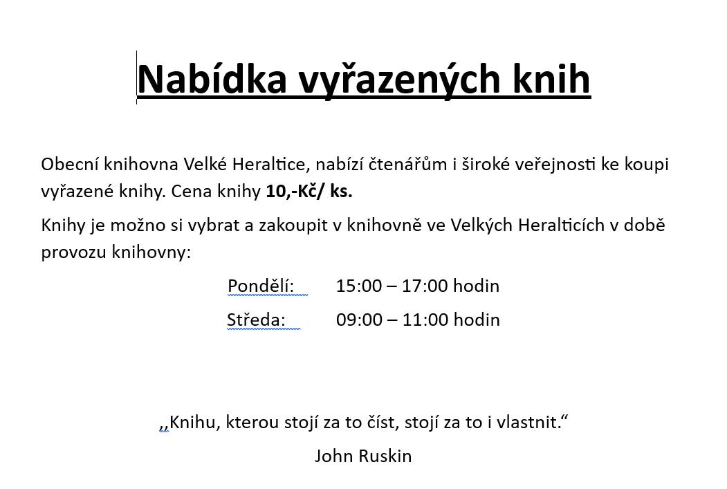 Využijte možnosti zakoupení vyřazených knih za 10,- Kč/kus