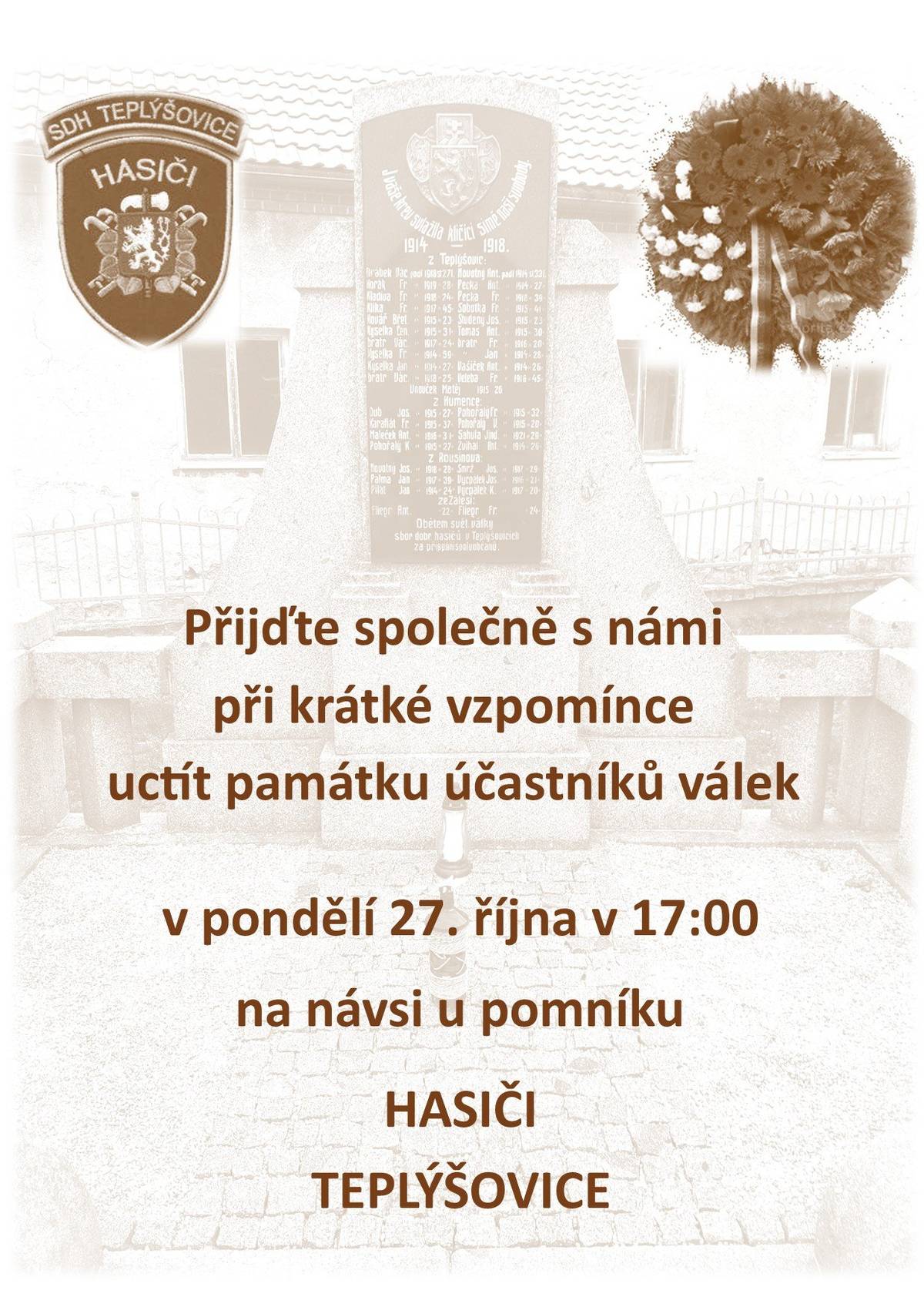 K uctění památky padlých zvou Hasiči Teplýšovice