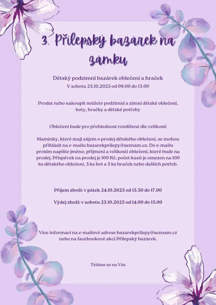 Dětský podzimní bazárek oblečení a hraček  sobota 25. 10. 2025 od 9 - 13 hod., Zámek Přílepy  info na e-mailu: bazarekprilepy@seznam.cz