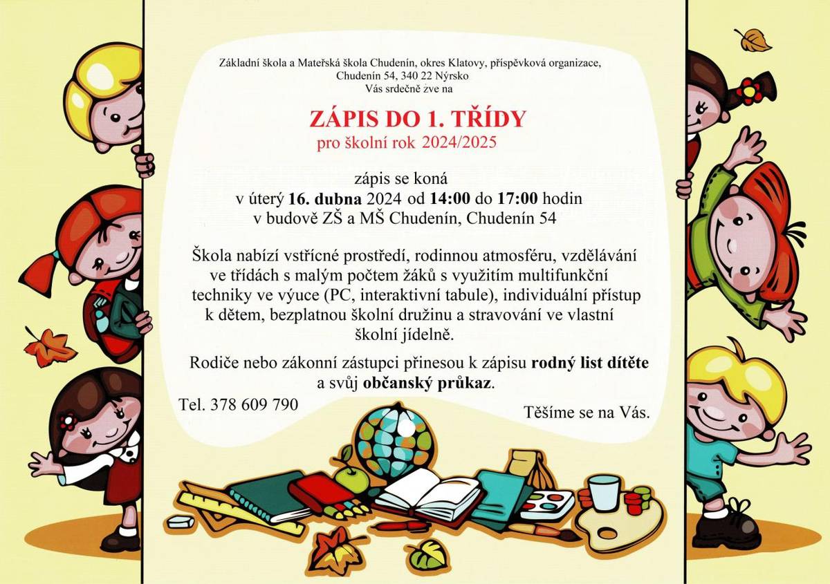 Termín zápisu do 1. třídy ZŠ pro školní rok 2024/2025.