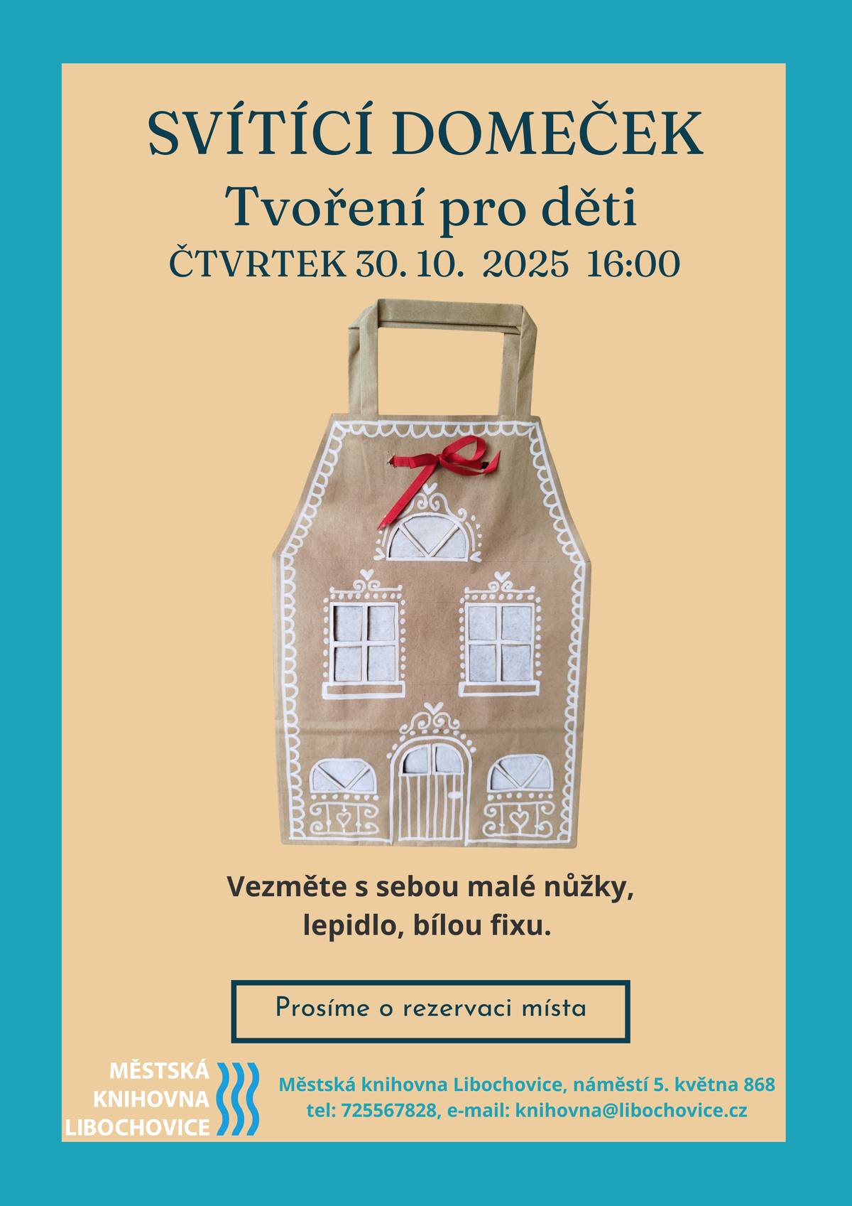 Zveme děti na tvořivé odpoledne do městské knihovny 30. října od 16:00. Budou si moci vyrobit svítící domeček. Přineste si s sebou nůžky, lepidlo a bílou fixu.  Z kapacitních důvodů prosíme o rezervaci místa e-mailem nebo telefonicky (knihovna@libochovice.cz; 725567828).