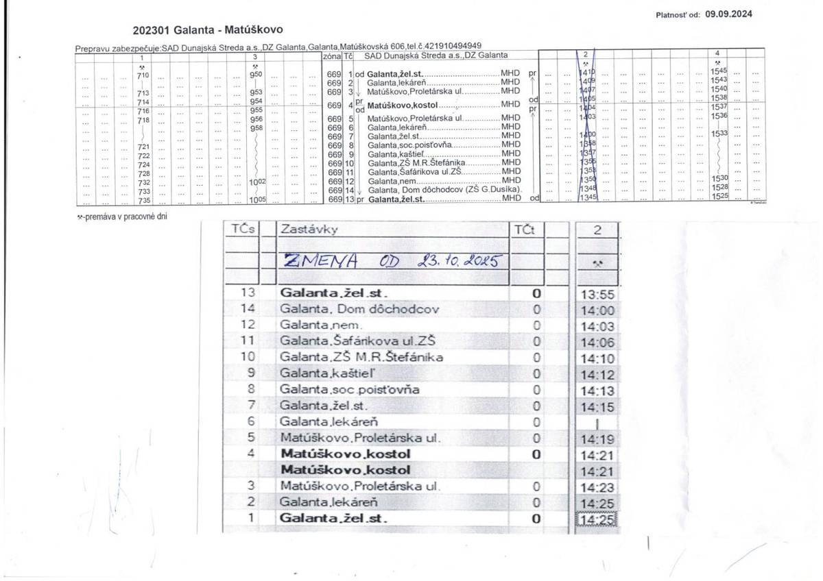 Na základe požiadaviek našich občanov od 23.10.2025 bol zmenený cestovný poriadok linky č. 202301 Galanta - Matúškovo.