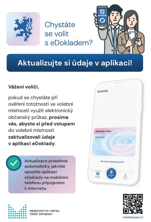 Volby do Poslanecké sněmovny Parlamentu ČR 2025 pátek 3.10. - 14:00 - 22:00 hodin sobota 4.10. - 8:00 - 14:00 hodin Volební místnost je v budově Obecního úřadu č.p. 133. V případě, že budete předkládat eDoklad, prosíme o kontrolu, zda máte aktualizováno a v aplikaci se Vám ukazuje na obrázku občanského průkazu - Digitální výpis je platný.