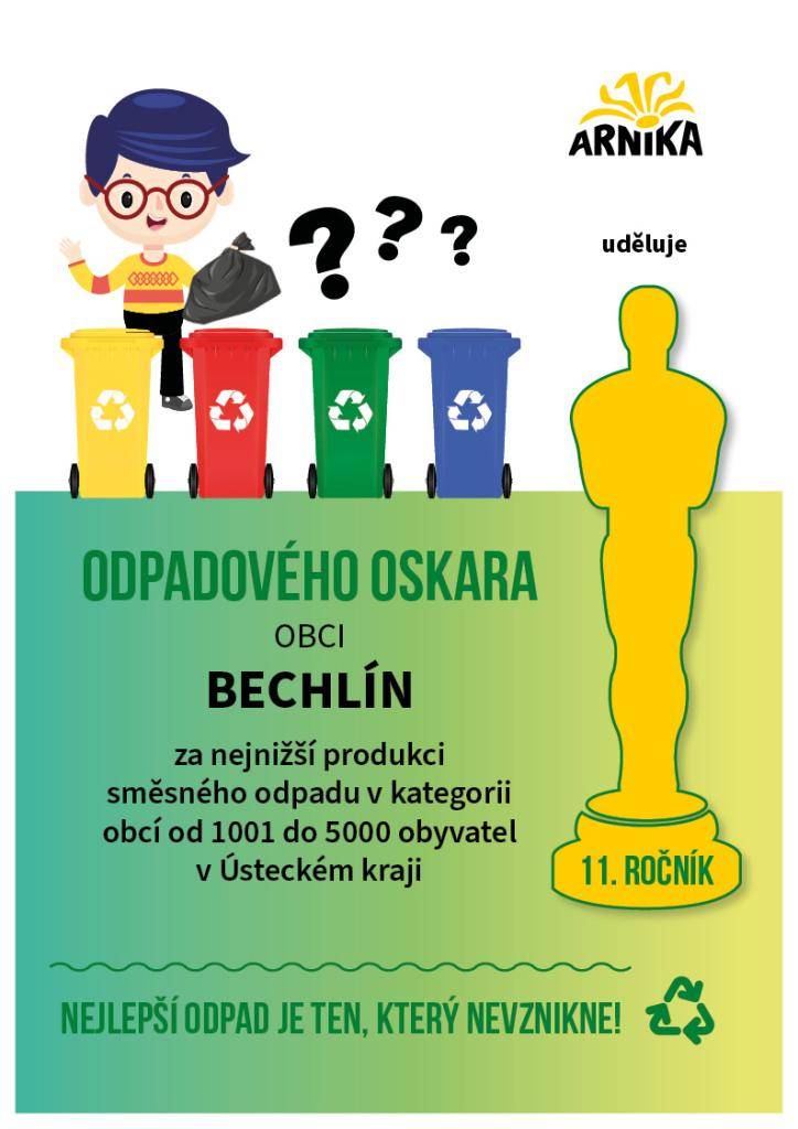 Bechlín se v soutěži Odpadový Oscar v kategorii obcí od   1 001 do 5 000 obyvatel umístil na 1. místě v Ústeckém kraji a na 4. místě v celé České republice!!!