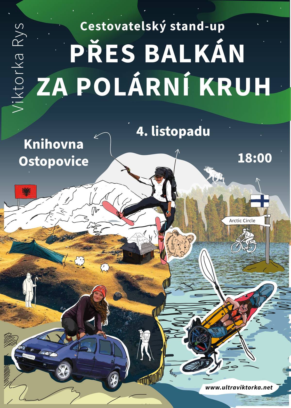 Měla řidičák, ale neuměla řídit. Za volantem prožívala hrůzu. Viktorka si proto koupila klisnu plemene Volkswagen, pojmenovala ji Rocinante, naložila na ni 60 knih, 7 pilulek na ADHD, a vyrazila na cestu. Plán: jet někam a vrátit se někdy. Cesta vedla přes Rakousko, Slovinsko, Chorvatsko, Bosnu a Hercegovinu, Černou horu a Albánii. Dobrovolničila na farmách, trekovala po horách, kempovala na plážích, u horkých pramenů i v horách. Zimu trávila v chatrči v bosenských horách, kde si plnila sen o životě v divočině. Poklidný život v přírodě mimo civilizaci se nakonec zvrátil v boj o život. Vrátila se do Česka, sbalila kolo, naložila na něj nafukovací loď a vyrazila do Laponska. Viktorka Rys (Viktorčina Cesta tam) Cestuje s ultralehkou výbavou, bez letadel a nízkonákladově. Věnuje se zejména dálkovým horským přechodům se zálibou v off-trailu. Knihovna Ostopovice / úterý 4.11. 18:00-19:30 / vstupné dobrovolné / rezervace zde