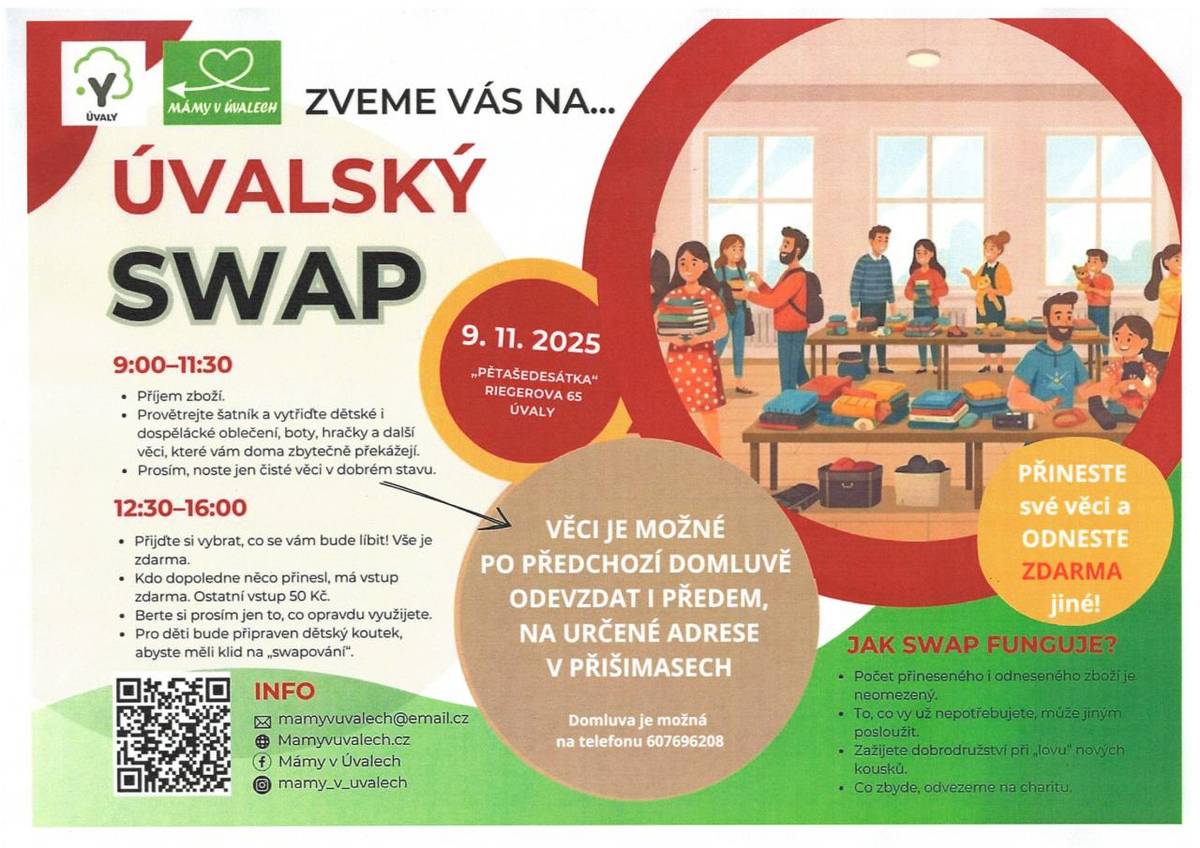 Věci je možné po předchozí domluvě odevzdat i předem na určené adrese v Přišimasech - domluva na telefonu 607 696 208.  Akci pořádají Mámy v Úvalech.