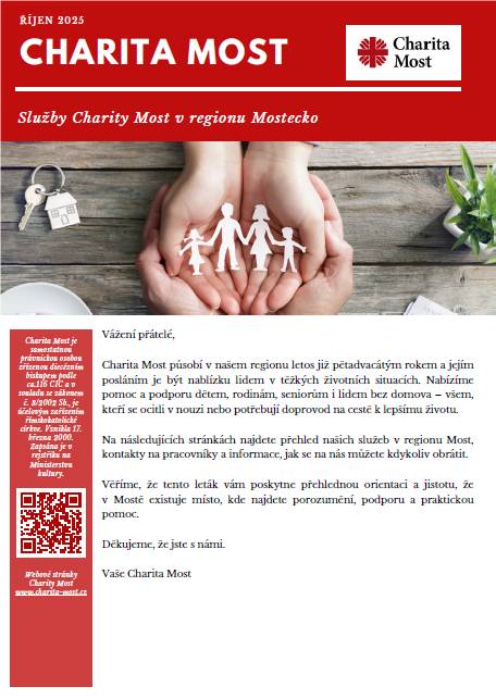 Medializační leták o službách Charity Most poskytovaných na Mostecku