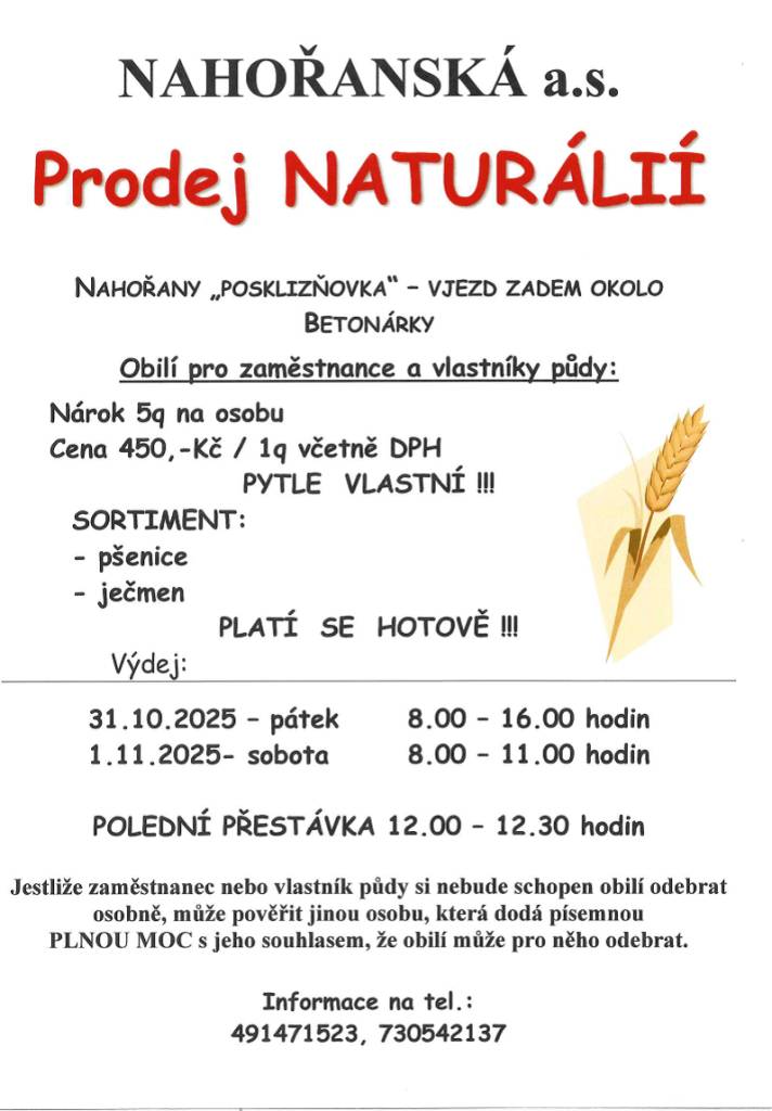 Nahořanská a.s. informuje o prodeji obilí pro zaměstnance a vlastníky půdy.