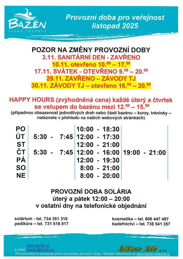 Provozní doba pro veřejnost listopad 2025