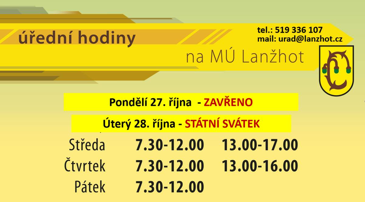 V pondělí 27. října bude městský úřad a knihovna uzavřena.  V úterý 28. října - STÁTNÍ SVÁTEK.