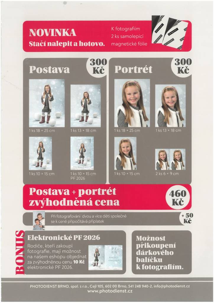 Vánoční focení žáků 1. stupně proběhne v pondělí 11. listopadu od 11 hodin.