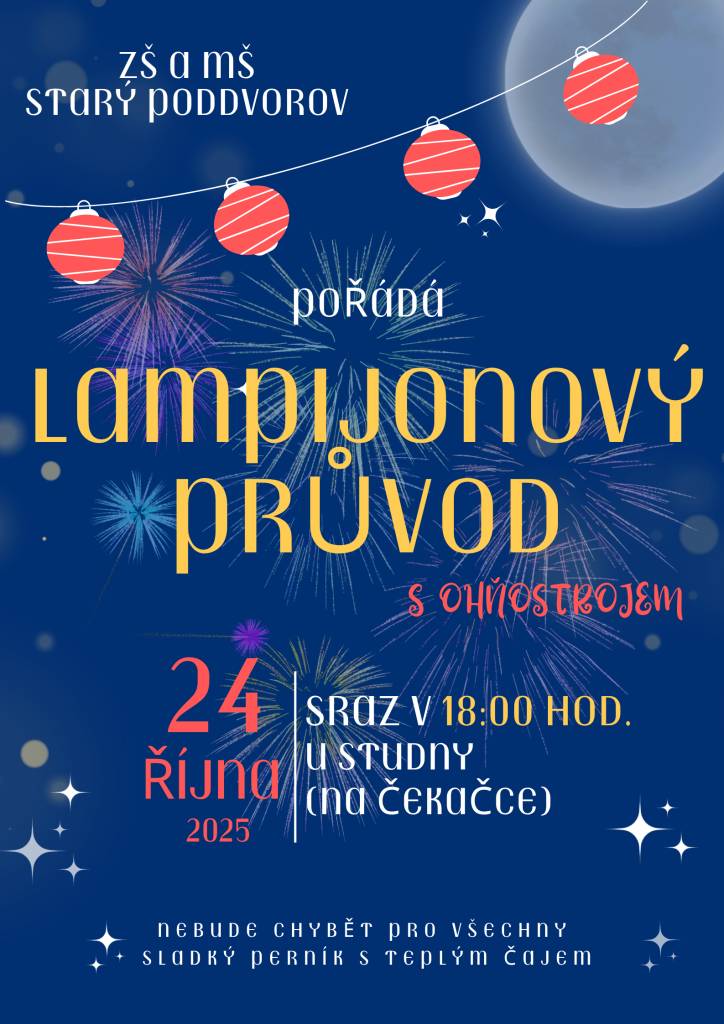 Základní a mateřská škola ve Starém Poddvorově zve všechny děti a rodiče na lampionový průvod, který se uskuteční v pátek 24. října. Sraz je v 18 hodin u studny v Čekačce. Průvod bude završen ohňostrojem. Pro všechny zúčastněné nebude chybět sladký perník s teplým čajem.
