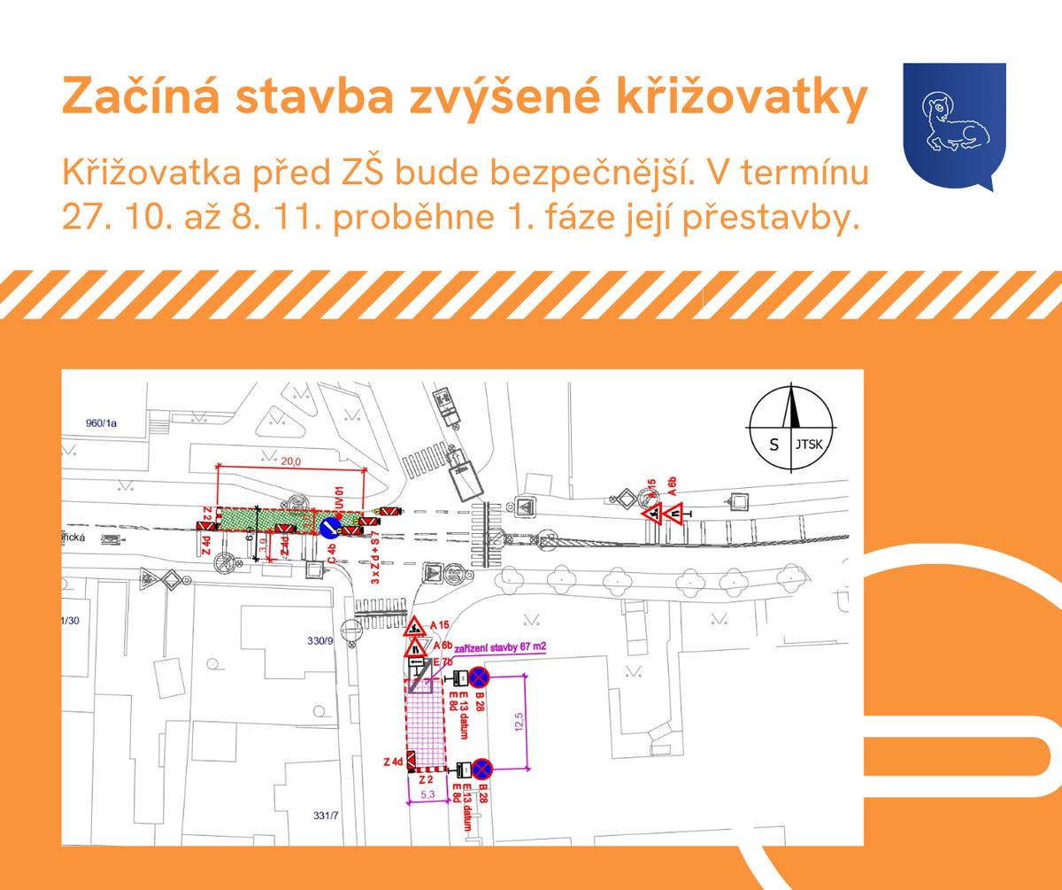 🚧 V pondělí 27. 10. začíná první fáze dlouho očekávané a potřebné přestavby a vybudování zvýšené křižovatky před ZŠ na Spořické ulici. 🚘 Akce BESIP potrvá dva týdny ve dvou etapách:  etapa: 27. 10.–2. 11.  etapa: 3. 11.–8. 11.   🚗 V místě křižovatky Spořická × U Václava × V Kratinách bude po dobu prací omezený provoz a dočasné zúžení průjezdu. Prosíme všechny řidiče o trpělivost a ohleduplnost. 👨👩👧 Rodiče školáků žádáme, aby během stavebních prací nezajížděli automobily až před školu a využívali raději parkoviště K+R v ulici U Václava. 📄 Podrobnější informace k dopravnímu značení a omezením naleznete v přiložených dokumentech v aktualitě na webu. Děkujeme za pochopení a spolupráci!