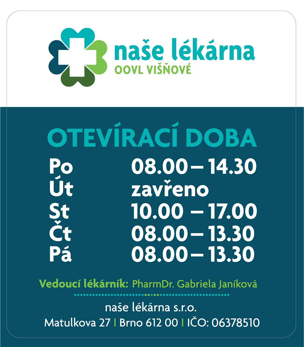 Z provozních důvodů  dojde od 23.10.2025 ke změně otevírací doby lékárny Višňové. Zároveň Vám oznamujeme, že v týdnu od 27.10. - 31.10.2025 bude lékárna uzavřena.