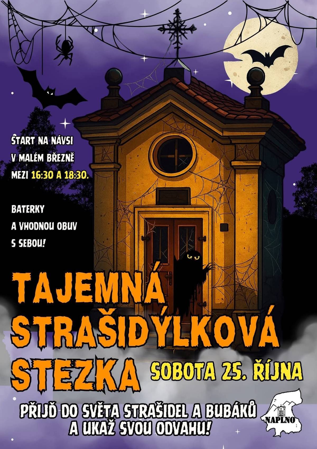 Zveme všechny malá i velká strašidla na akci spolku NAPLNO - Tajemnou strašidýlkovou stezku, která začíná již zítra 25.10.2025 od 16:30 v Malém Březně na návsi.