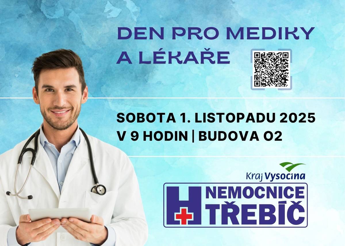 Blížíte se ke konci studia medicíny? Jste čerstvý absolvent a hledáte své první pracovní místo? Jste lékař a zvažujete změnu prostředí nebo nový profesní směr? Nemocnice Třebíč vás srdečně zve na Den pro mediky a lékaře. Otevřený den, během kterého získáte jasnou představu o tom, jak to u nás funguje, kdo jsme a co vám můžeme nabídnout. → Přihlášení na akci Co vás čeká Začátek v 9.00 hodin v zasedací místnosti budovy O2.  Prezentace jednotlivých oddělení vedená primáři a lékaři Prohlídka nových operačních sálů Návštěva vybraných oddělení dle vašeho zájmu Neformální setkání s lékaři, primáři a vedením nemocnice Oběd v jídelně pro zaměstnance Malý dárek na závěr  Ukončení individuálně podle vašich časových možností. Proč právě Nemocnice Třebíč  Přátelský a stabilní kolektivModerní přístrojové vybavení a atraktivní pracovní podmínky Podpora odborného růstu, specializačního vzdělávání a atestací Možnost rychlého zapojení do klinické praxe Podpora bydlení pro nové zaměstnance Zázemí krajské nemocnice s lidským přístupem Otevřenost k novým nápadům a individuálním potřebám  Registrace Registrace probíhá prostřednictvím přihlašovacího formuláře → přihlášení Kontakt: Mgr. Jitka Mácová, jmacova02@nem-tr.cz | ☎ 739 246 678 Ať už jste student, absolvent nebo lékař s praxí, přijeďte se k nám podívat. Třeba právě v Třebíči najdete své budoucí pracovní místo nebo nové profesní směřování. Těšíme se na vás v sobotu 1. listopadu 2025.