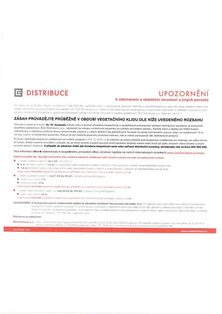 Upozornění k odstranění a okleštění stromoví a jiných porostů. Zásah provádějte průběžně v období vegetačního klidu dle níže uvedeného rozsahu.