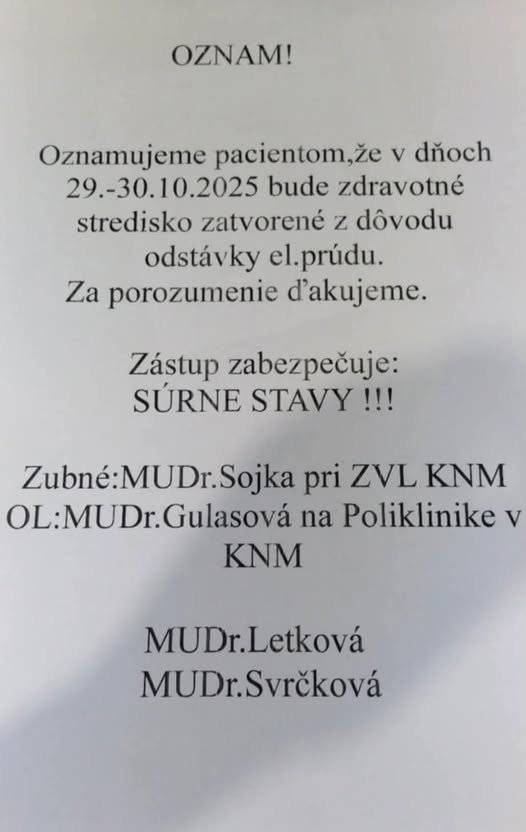 Zdravotné stredisko v Rudine bude zatvorené v dňoch 29.-30. 10.2025 z dôvodu odstávky el. energie.