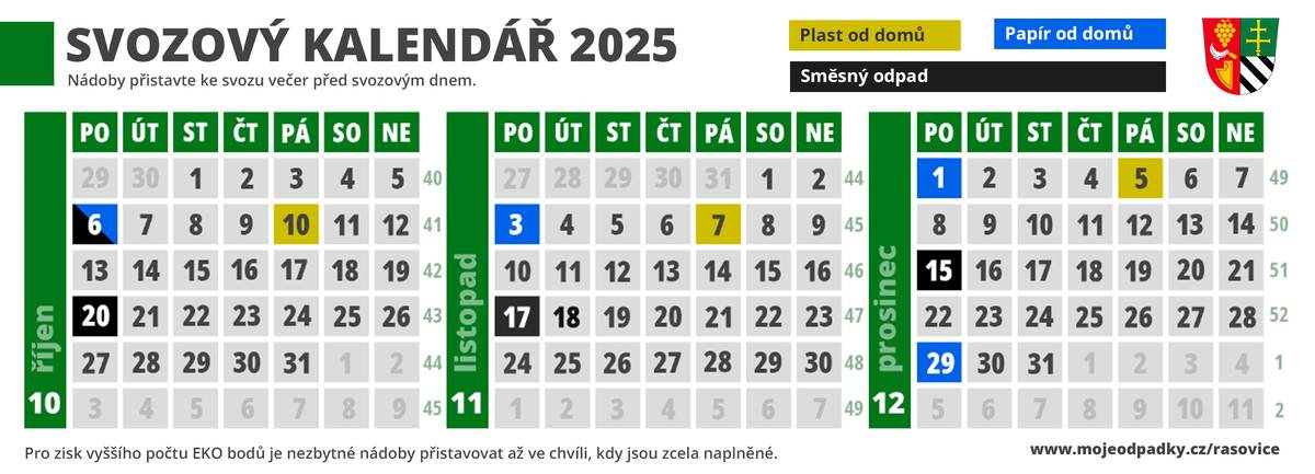 Vážení občané, zveřejňujeme nový svozový kalendář pro zbývající měsíce letošního roku. 👉Aktualizovaný kalendář je již nyní k dispozici na internetových stránkách obce a také ve vývěsce obecního úřadu. V nejbližších dnech bude doručen i do domovních schránek všech domácností. 👉Zároveň si můžete ve svém odpadovém účtu nastavit sledování harmonogramu svozů. - Po otevření oddílu „Svozový kalendář“ v levém menu si zvolíte, pro které komodity (směsný odpad, papír nebo plast) chcete dostávat upozornění na den svozu. - Po kliknutí na možnost sledování komodity se zobrazí okno, ve kterém zadáte e-mailovou adresu, na kterou vám budou upozornění automaticky zasílána. ‼️Změna v systému sběru jedlých olejů a tuků ‼️ Nově se použitý jedlý olej a tuk již nebude svážet přímo od domu. 👉K odevzdání slouží sběrná nádoba umístěná u vchodu do dvorního traktu školy. 👉Použitý olej a tuk prosíme ukládejte do uzavřených plastových nádob. Na nádoby se již nelepí žádné štítky. Upozornění: Stále platí, že pro získání vyššího počtu EKO bodů je nezbytné nádoby přistavovat až ve chvíli, kdy jsou zcela zaplněné.
