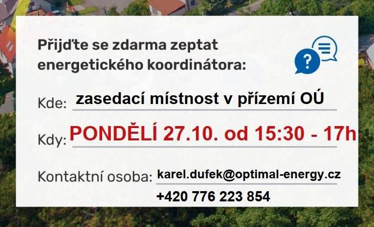 V rámci projektu místní energetické koncepce (MEK) jsou pro vás připraveny bezplatné konzultace v energetickém infocentru již toto pondělí: 📅 27. 10. od 15:30 - 17:00 📍 zasedací místnost v přízemí OÚ, Pěnčín 62 Zajímá vás:  zapojení do MEK v Pěnčíně možnost sdílení energií máte FV elektrárnu nebo o jejím pořízení uvažujete jste fyzická osoba, nebo máte v katastru firmu a chcete se zapojit  Domluvte si s energ. koordinátorem čas schůzky a nezapomeňte vzít s sebou fakturu za elektřinu (a plyn).