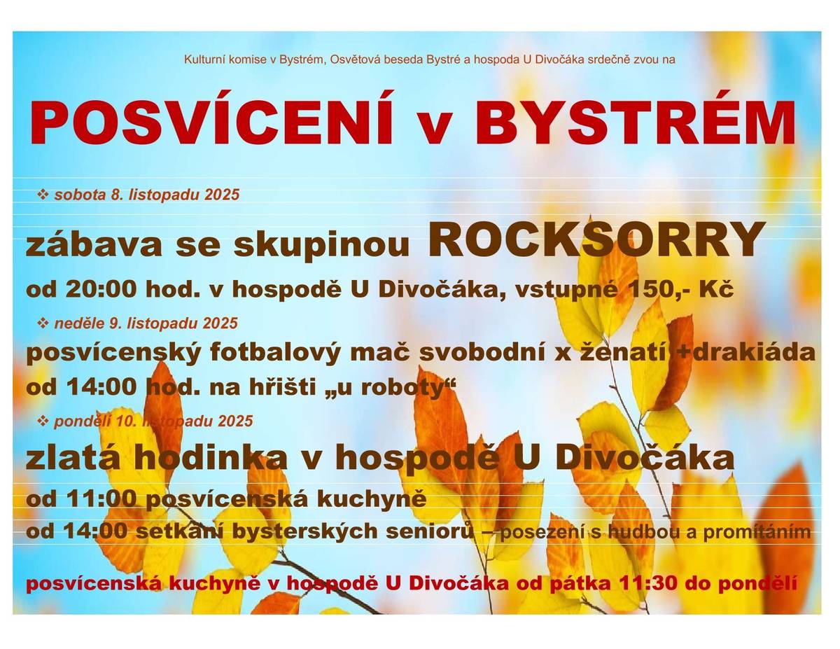 Srdečně zveme na posvícení v Bystrém konané od 8.11.2025 do 10.11.2025.