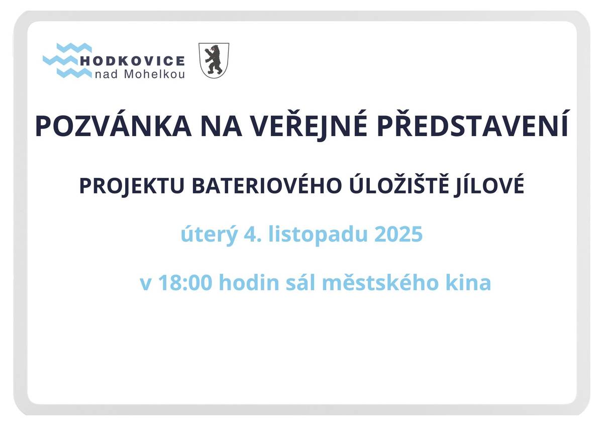 Rádi bychom pozvali širokou veřejnost na představení projektu soukromého investora "Bateriové úložiště Jílové". Jedná se o akumulaci vyrobené energie do bateriového uložiště v těsné blízkosti rozvodny Bezděčín. Bateriové úložiště bude realizovat soukromá společnost na pozemcích soukromého vlastníka.   Město Hodkovice nad Mohelkou je přizvaným partnerem, aktuálně jednáme o možnostech vzájemné spolupráce.     Celý projekt bude představen v úterý 4. listopadu v sále městského kina od 18:00 hodin.