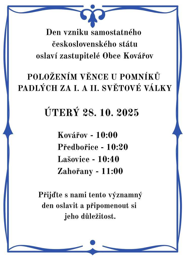 Přijďte v úterý 28. 10. 2025 oslavit Den vzniku samostatného československého státu a připomenout si jeho důležitost. Rozpis je uveden v plakátu.