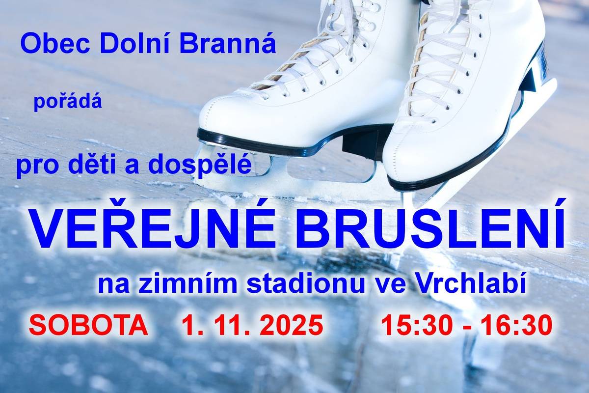 Veřejné bruslení pro dolnobranské občany na zimním stadionu ve Vrchlabí se uskuteční v sobotu 1. listopadu 2025 od 15:30 do 16:30 hodin. Vstupné je zdarma.
